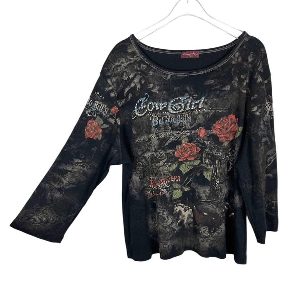 Y2K Cowgirl Rhinstone Shirt Top Roses Buffalo Bill Festival Boho Size Large - Picture 3 of 6